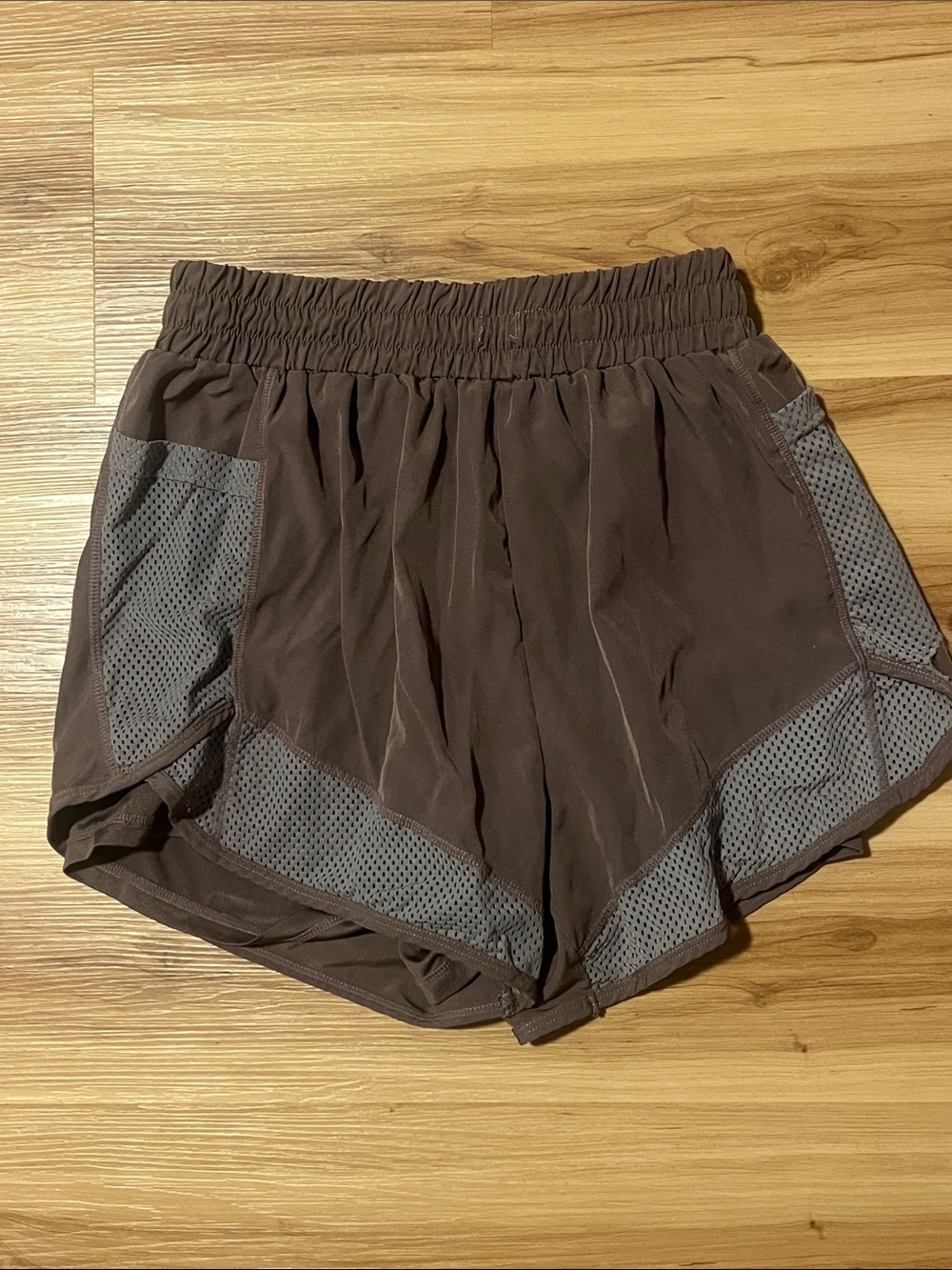 Women’s Brown Athletic Shorts with Gray Mesh Accents
